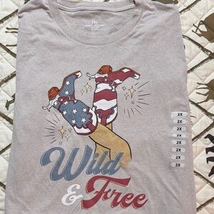 Wild & Free Graphic Tee - Stars & Stripes Cowgirl Boots